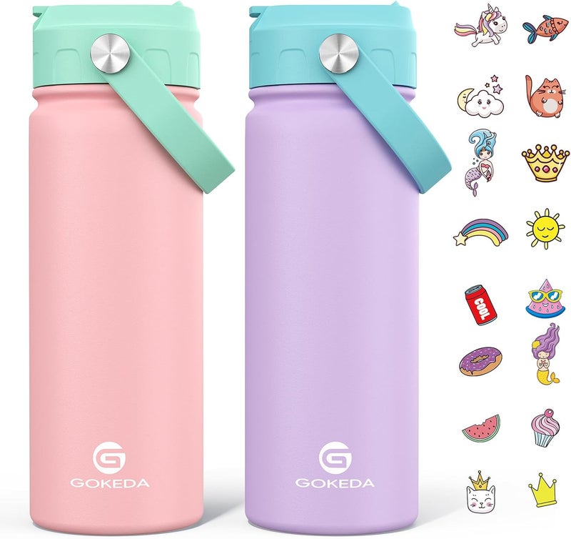 GOKEDA 18oz Kids Water Bottle, 2 Pack Insulated Bottles with Stickers, 18/8 Stainless Steel Vacuum Leak Proof Straw Cup for School, Gifts for Girls(Pink, Purple) - Image 1